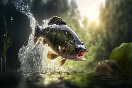 Fish jumping out of water in pond with splashes against blurred nature, digital illustration painting, Generative AIの素材