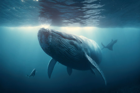 Beautiful whale is swimming in the ocean. The largest fish of the ocean in the natural environment, digital illustration painting, Generative AIの素材