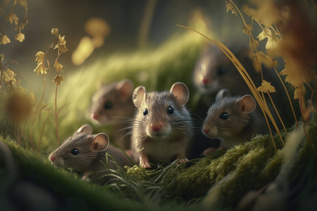Cute field mice on grass background, AI Generativeの素材