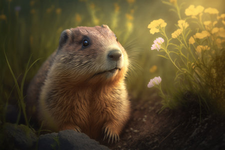 Groundhog in meadow with flowers, digital illustration painting, Generative AIの素材
