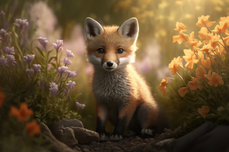 Red fox cubs in meadows with flowers, digital illustration painting, Generative AIの素材