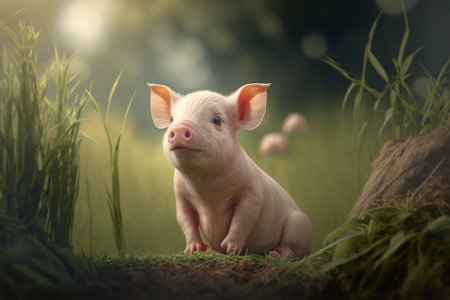 Cute small piglet in grass, digital illustration painting, Generative AIの素材