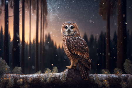 Owl sits on the trunk of a fallen tree in the middle of the night forest against the background of the stars and moon, digital illustration painting, Generative AIの素材
