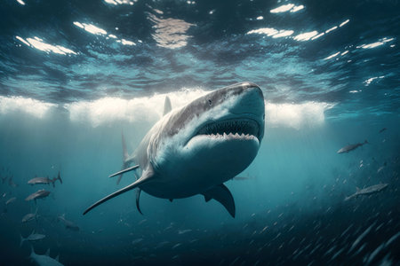 Great White Shark swimming in the ocean, AI Generativeの素材