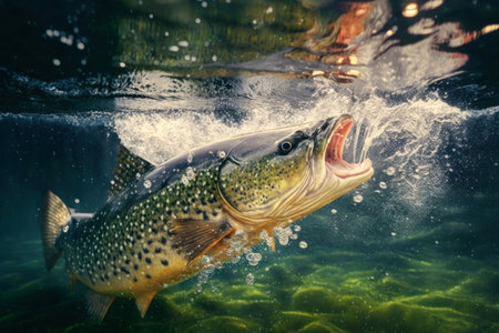 Fish jumping out of water in pond with splashes against blurred nature, digital illustration painting, Generative AIの素材