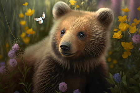 Bear cub in meadows with flowers, digital illustration painting, Generative AIの素材