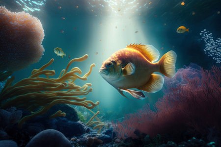 Beautiful underwater world with tropical fish, digital illustration painting, Generative AIの素材