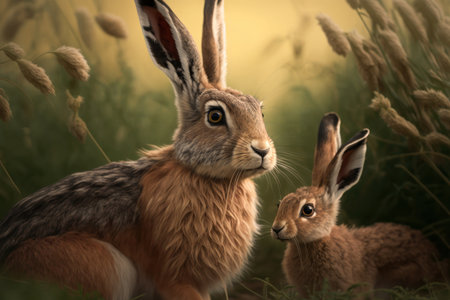 Hare with cub in natural habitat. Illustration, Generative AIの素材