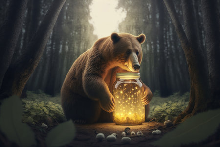 Big brown bear with a jar of honey in the middle of the forest. Illustration, Generative AIの素材