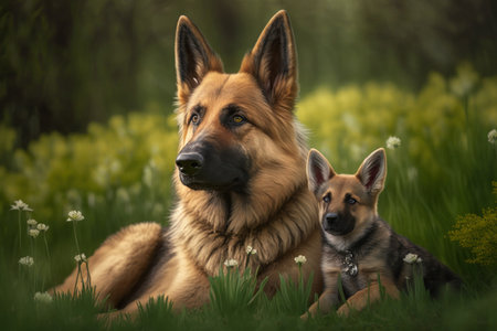 Dog with cub in natural habitat. Illustration, Generative AIの素材
