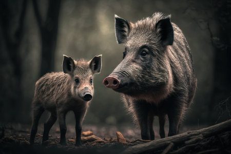 Wild Boar with cub in natural habitat. Illustration, Generative AI