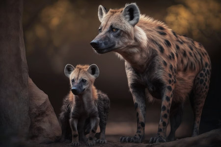 Hyena with cub in natural habitat. Illustration, Generative AIの素材