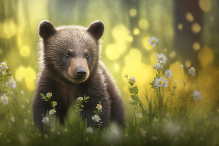 Baby bear in spring green grass with flowers. Illustration, Generative AIの素材