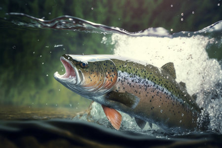 Fish jumping out of water in pond with splashes against blurred nature, digital illustration painting, Generative AIの素材