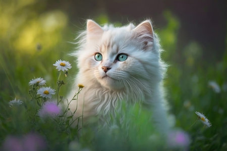Baby cat in spring green grass with flowers. Illustration, Generative AIの素材