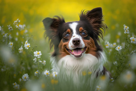 Baby dog in spring green grass with flowers. Illustration, Generative AIの素材