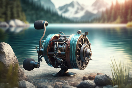 Close fishing reel on the nature background, digital illustration painting, Generative AIの素材