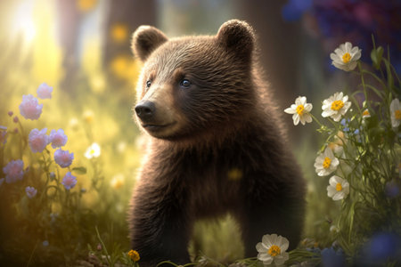 Bear cub in meadows with flowers, digital illustration painting, Generative AIの素材