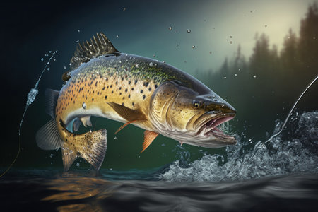 Fish jumping out of water in pond with splashes against blurred nature, digital illustration painting, Generative AIの素材