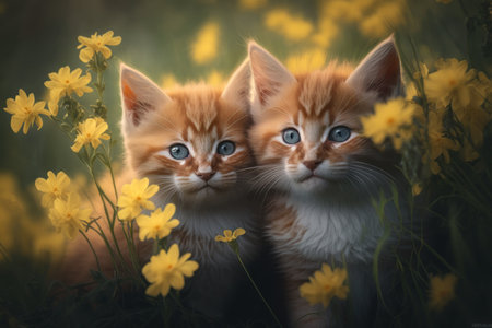 Two Baby cat in spring green grass with flowers. Illustration, Generative AIの素材