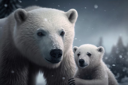 Mother and baby Polar bear in Antarctica, digital illustration painting, Generative AIの素材