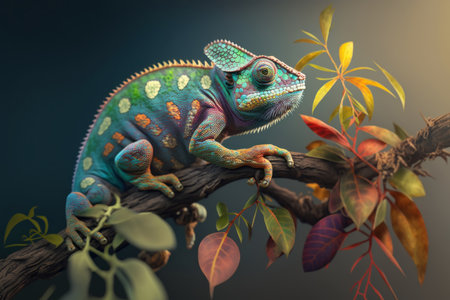 Close up green colored chameleon, digital illustration painting, Generative AIの素材