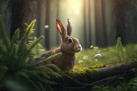 Close up wild hare in nature habitat. Illustration, Generative AIの素材