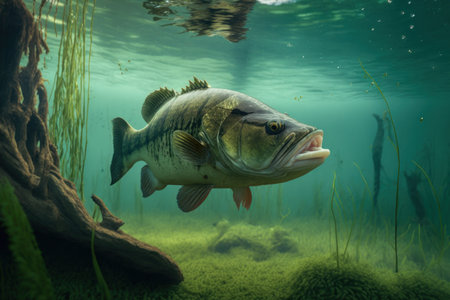 Big predatory fish in habitat underwater looking for prey. Fishing concept, digital illustration painting, Generative AIの素材