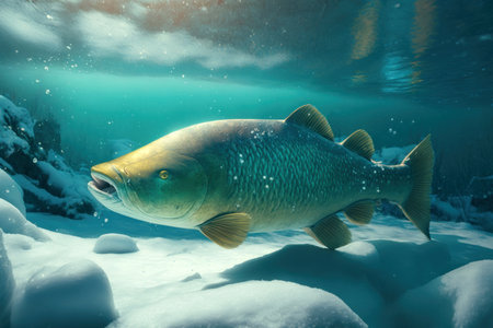 Big predatory fish in habitat underwater looking for prey. Fishing concept, digital illustration painting, Generative AIの素材
