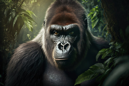 Close portrait adult gorilla, digital illustration painting, Generative AIの素材