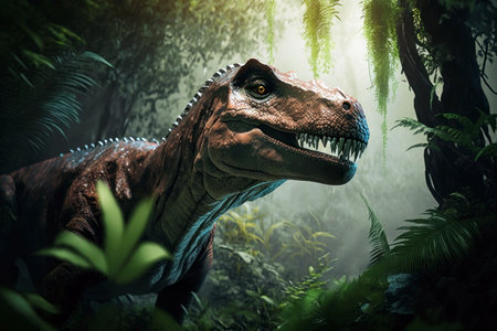 Close big Tyrannosaurus rex in the jungle, digital illustration painting, Generative AIの素材