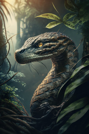 Close big Snake in the jungle, digital illustration painting, Generative AIの素材
