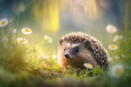 Baby hedgehog in spring green grass with flowers. Illustration, Generative AIの素材