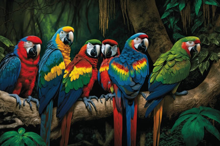 Five colored parrots cheerful on their heads sit on a branch. Illustration, Generative AIの素材