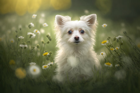 Baby dog in spring green grass with flowers. Illustration, Generative AIの素材