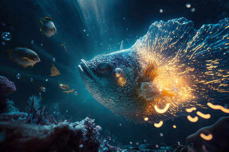 Beautiful underwater world with tropical fish, digital illustration painting, Generative AIの素材