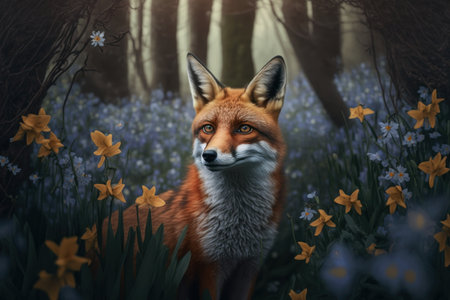 Close up wild red fox in nature habitat. Illustration, Generative AIの素材