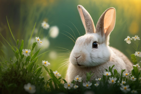 Baby rabbit in spring green grass with flowers. Illustration, Generative AIの素材