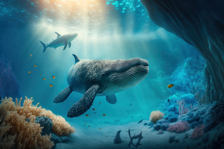 Beautiful underwater world with tropical fish, digital illustration painting, Generative AIの素材