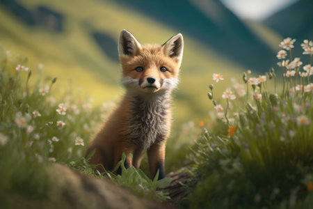 Baby red fox in spring green grass with flowers. Illustration, Generative AIの素材
