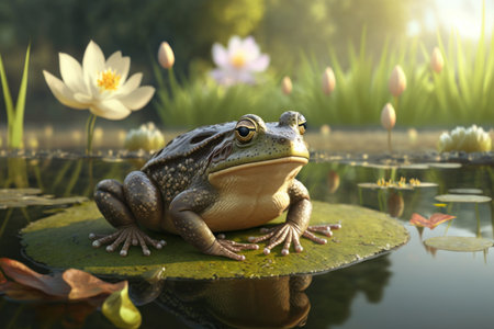 Close frog in summer pond with white water lily, AI Generativeの素材