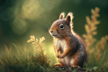 Baby squirrel in spring green grass with flowers. Illustration, Generative AIの素材