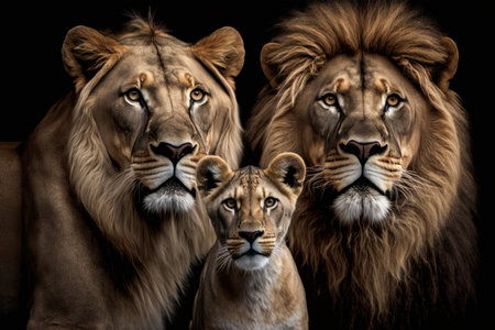 Lions family with cubes on dark background, AI Generativeの素材