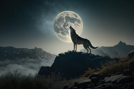 Wolf standing on hill and howling at the full moon, digital illustration painting, Generative AIの素材