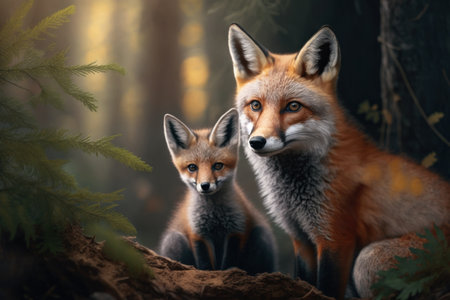 Red fox with cub in natural habitat. Illustration, Generative AIの素材
