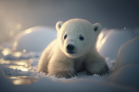 Baby Polar bear in Antarctica, digital illustration painting, Generative AIの素材