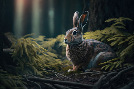 Close up wild hare in nature habitat. Illustration, Generative AIの素材