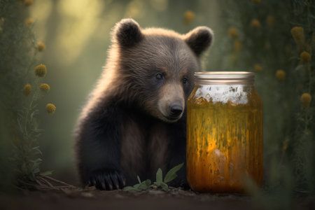 Brown bear cub with a jar of honey in the middle of the forest. Illustration, Generative AIの素材