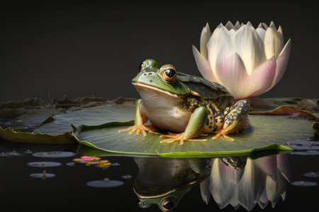 Close frog in summer pond with white water lily, AI Generativeの素材