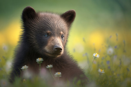 Baby bear in spring green grass with flowers. Illustration, Generative AIの素材